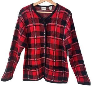 VTG Classic Elements Plaid Cardigan Sweater Small Red White Black Acrylic